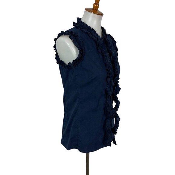 Tory Burch Sleeveless Top 4 Navy Ruffle Trim Button Down Career Chic - Picture 3 of 7